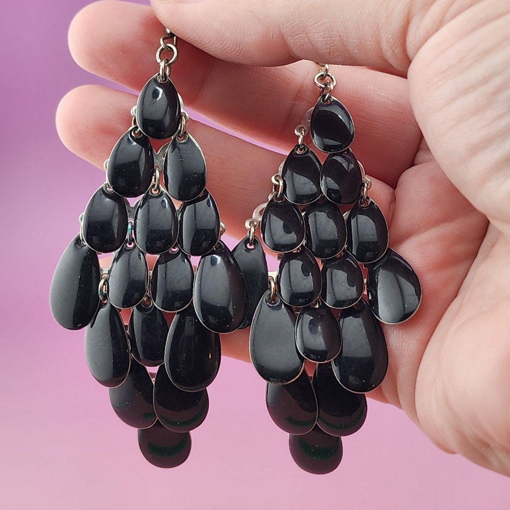Black Teardrop Chandelier Earrings Silver Tone Layered Dangle Statement Gothic